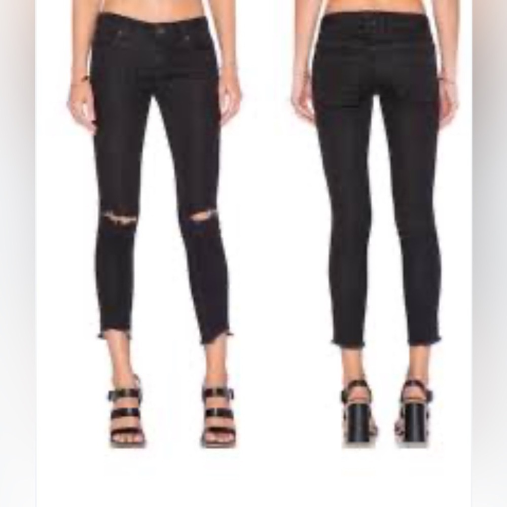 FREE PEOPLE BUSTED KNEE LOW RISE SKINNY RAW HEM ANKLE CROPPED BLACK JEANS 28